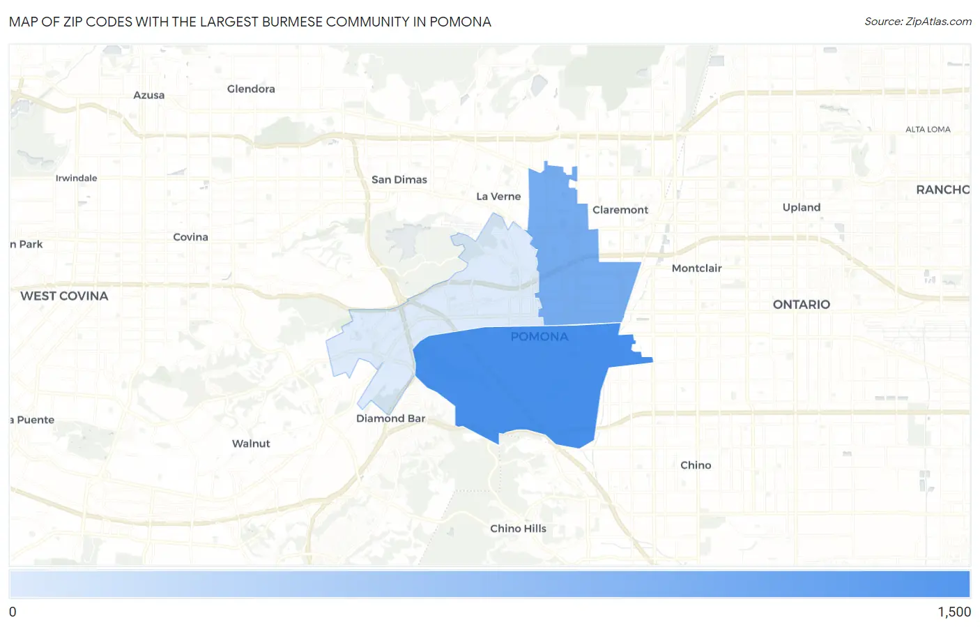 Zip Codes with the Largest Burmese Community in Pomona Map