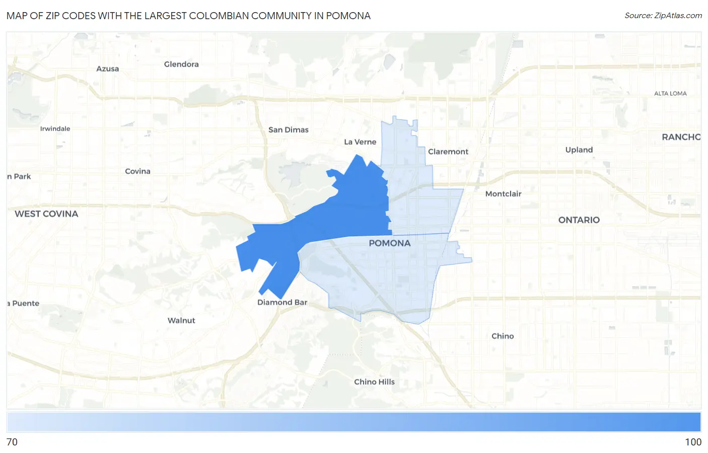 Zip Codes with the Largest Colombian Community in Pomona Map