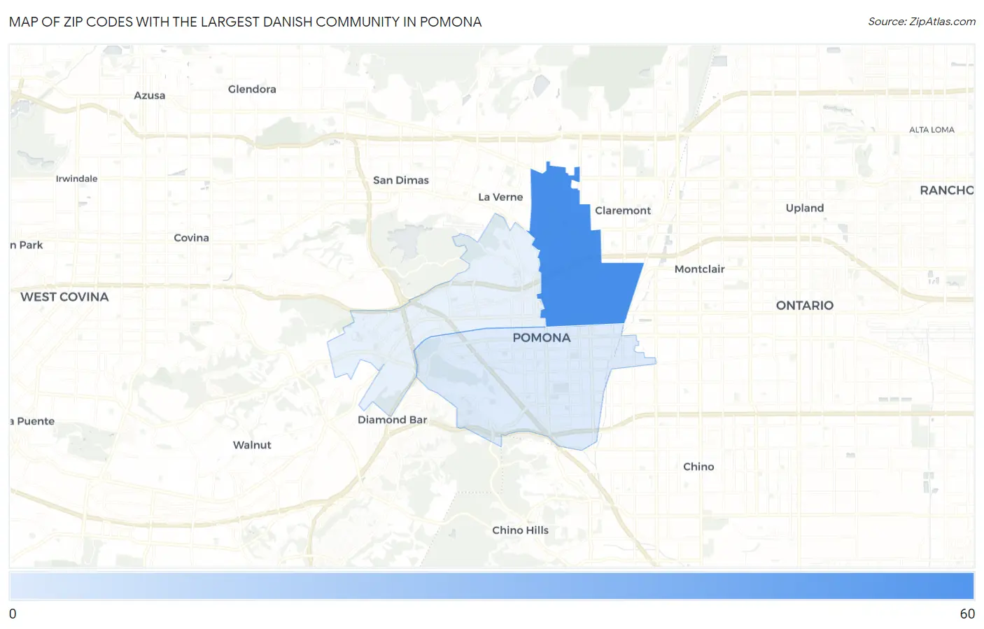 Zip Codes with the Largest Danish Community in Pomona Map