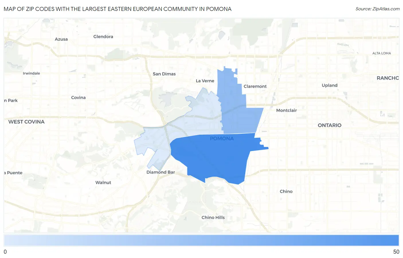 Zip Codes with the Largest Eastern European Community in Pomona Map