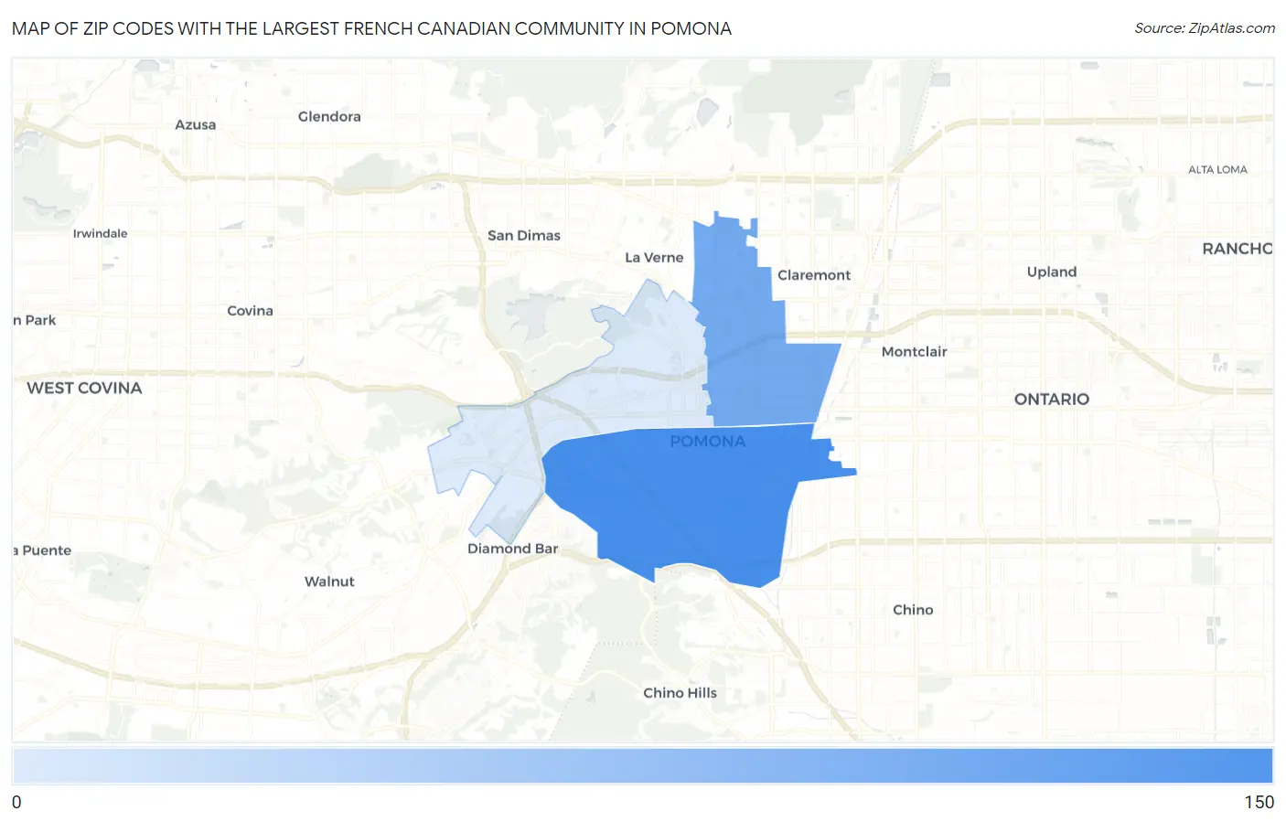 Zip Codes with the Largest French Canadian Community in Pomona Map