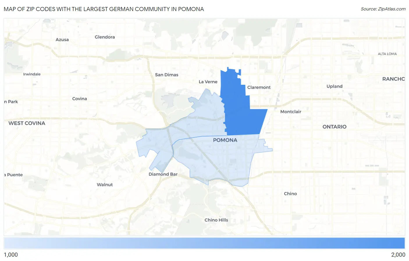 Zip Codes with the Largest German Community in Pomona Map