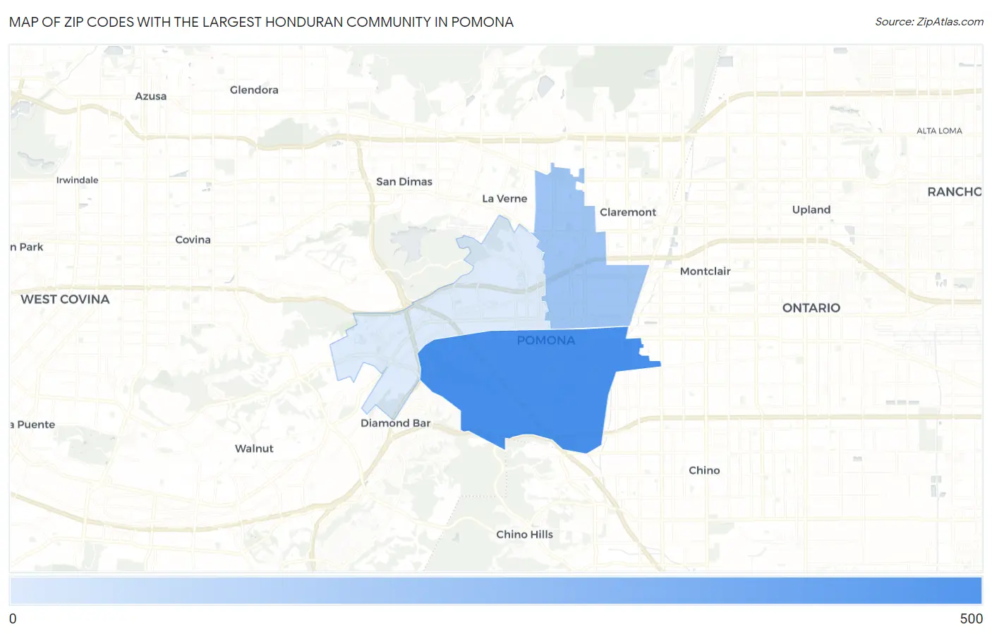 Zip Codes with the Largest Honduran Community in Pomona Map
