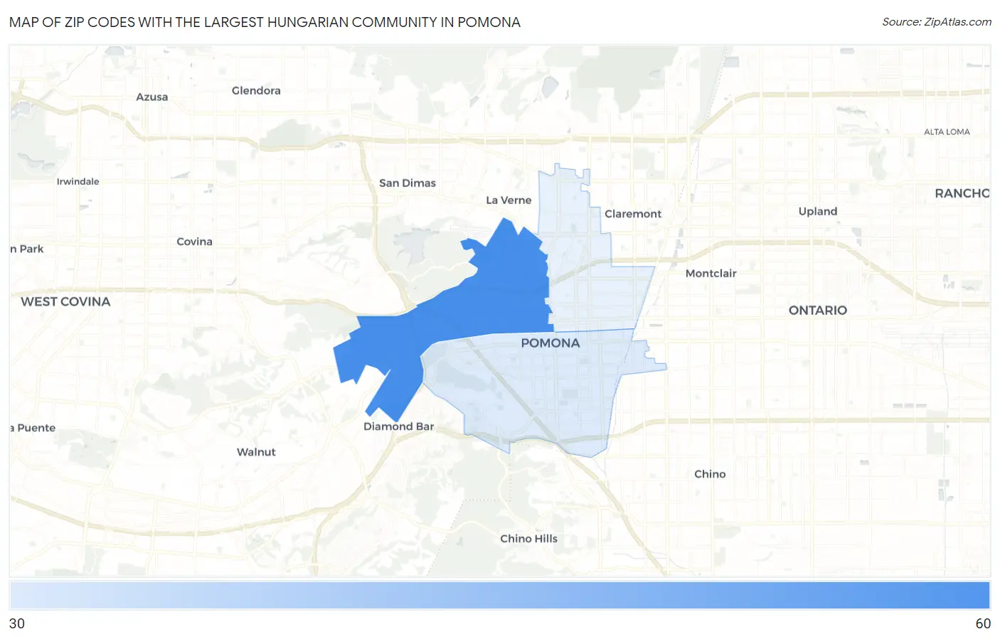 Zip Codes with the Largest Hungarian Community in Pomona Map