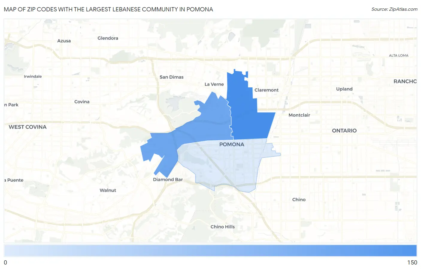 Zip Codes with the Largest Lebanese Community in Pomona Map