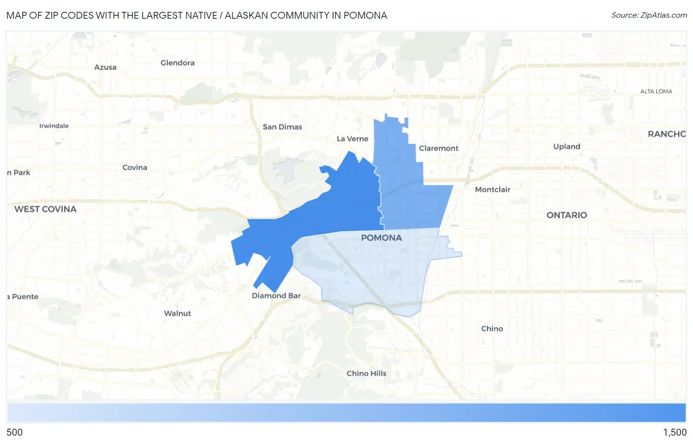 Zip Codes with the Largest Native / Alaskan Community in Pomona Map