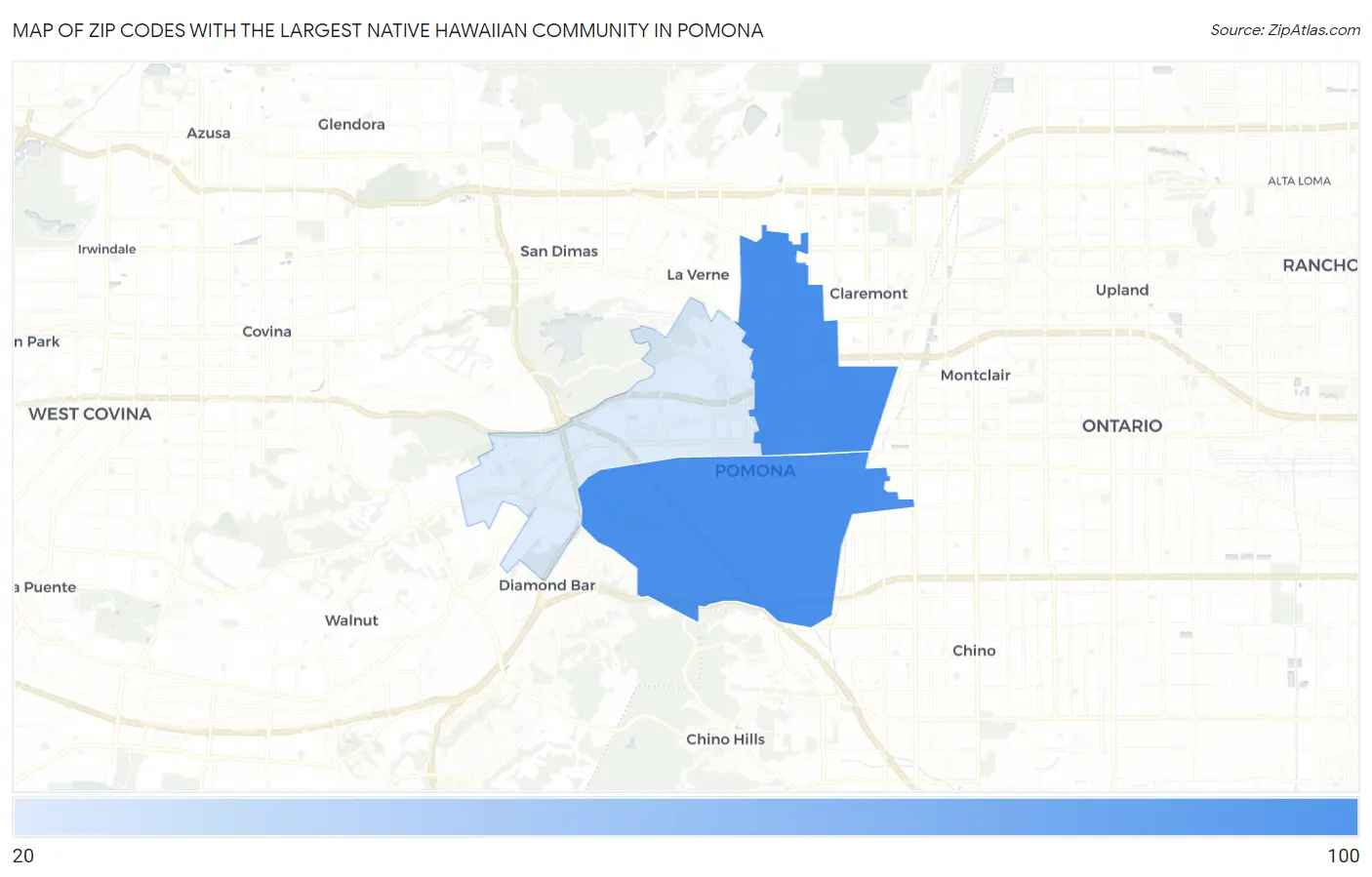 Zip Codes with the Largest Native Hawaiian Community in Pomona Map