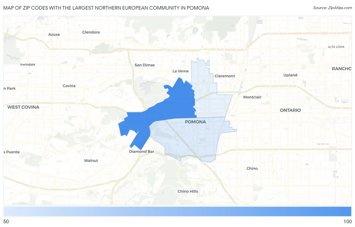 Zip Codes with the Largest Northern European Community in Pomona Map