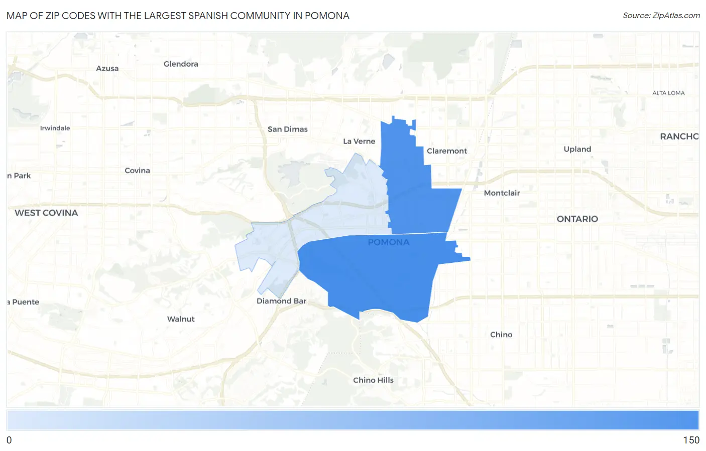 Zip Codes with the Largest Spanish Community in Pomona Map