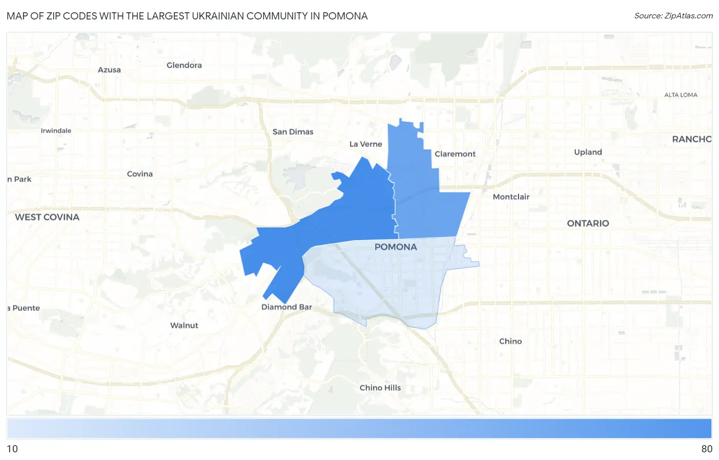 Zip Codes with the Largest Ukrainian Community in Pomona Map