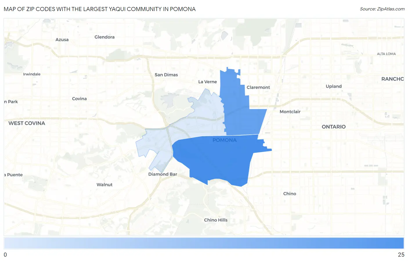 Zip Codes with the Largest Yaqui Community in Pomona Map
