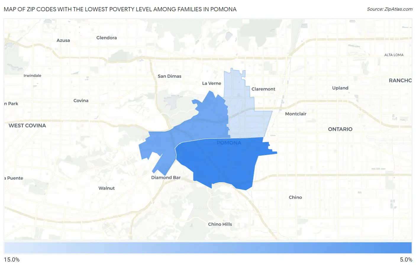 Zip Codes with the Lowest Poverty Level Among Families in Pomona Map