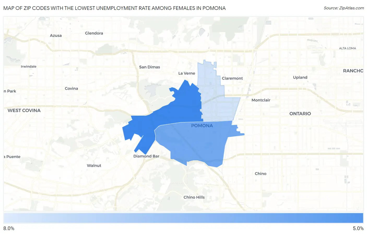 Zip Codes with the Lowest Unemployment Rate Among Females in Pomona Map