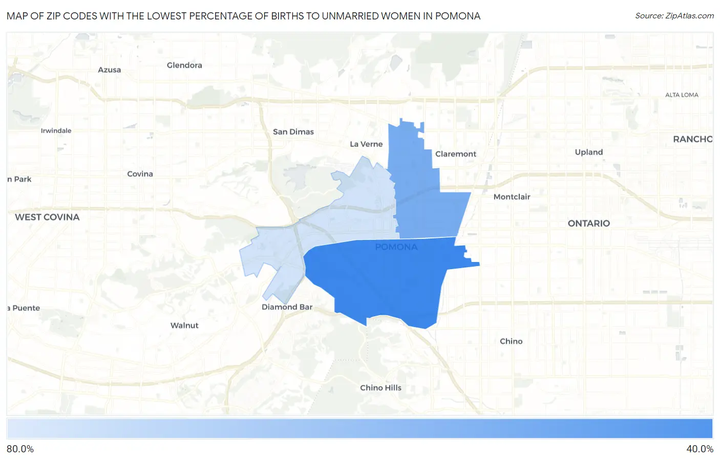 Zip Codes with the Lowest Percentage of Births to Unmarried Women in Pomona Map