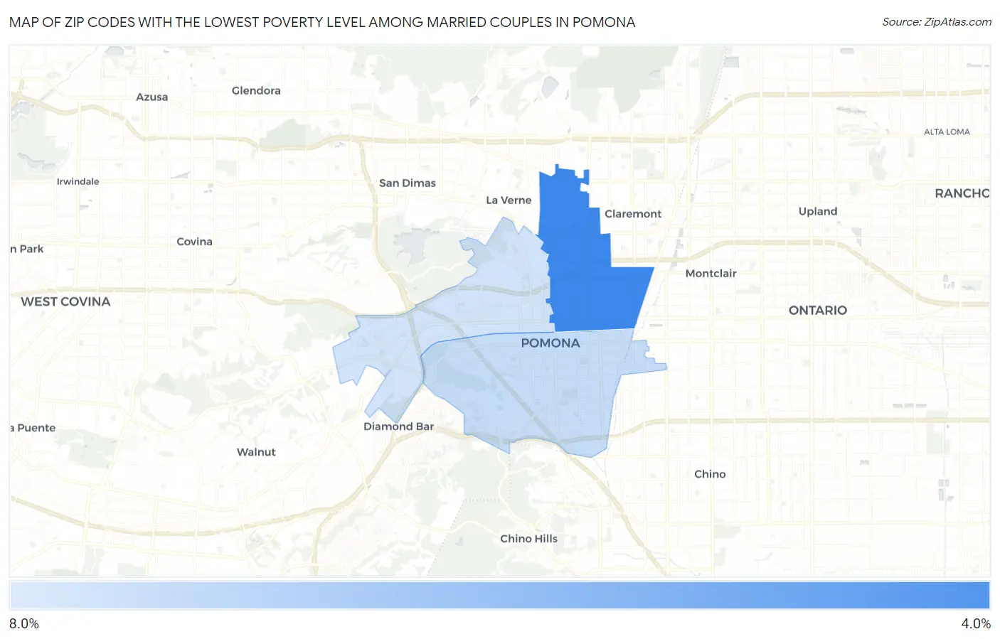 Zip Codes with the Lowest Poverty Level Among Married Couples in Pomona Map