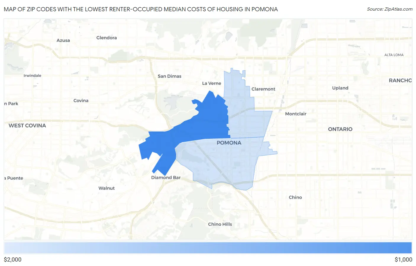 Zip Codes with the Lowest Renter-Occupied Median Costs of Housing in Pomona Map