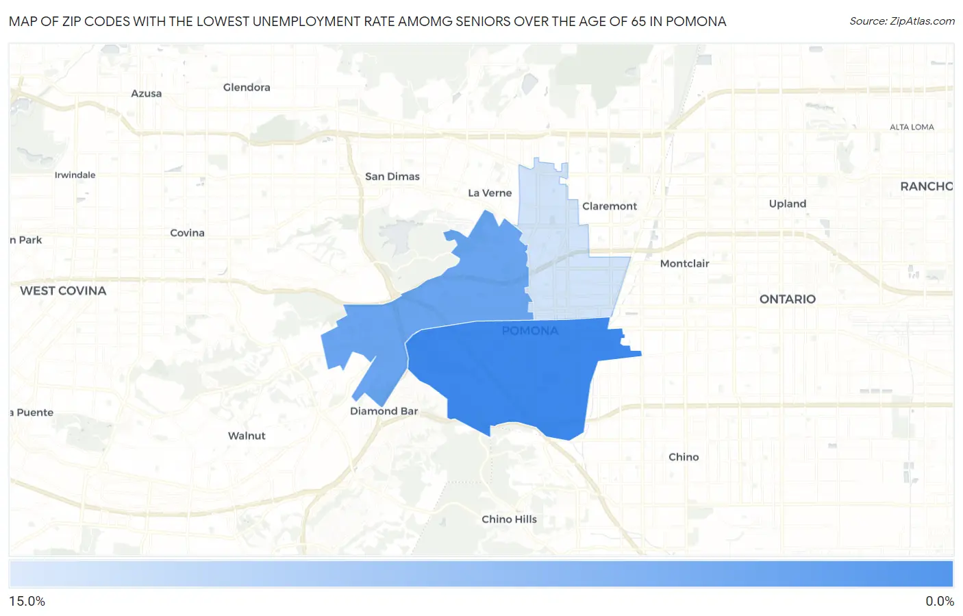 Zip Codes with the Lowest Unemployment Rate Amomg Seniors Over the Age of 65 in Pomona Map