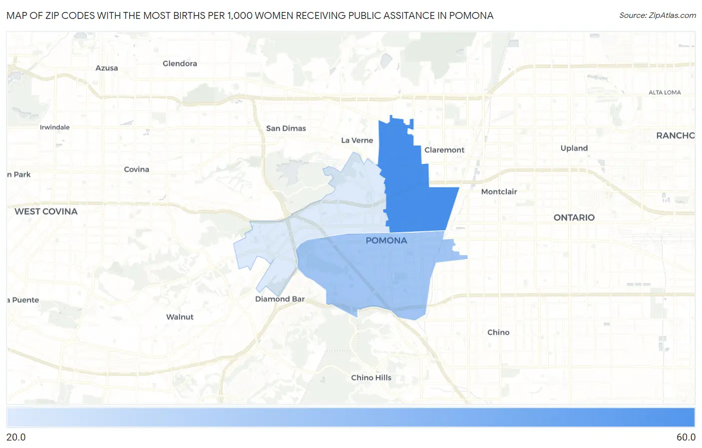 Zip Codes with the Most Births per 1,000 Women Receiving Public Assitance in Pomona Map