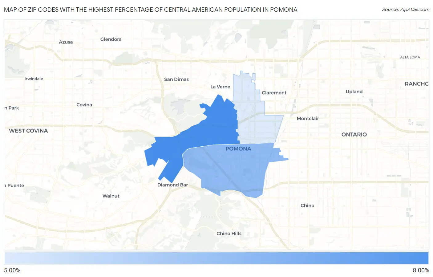 Zip Codes with the Highest Percentage of Central American Population in Pomona Map