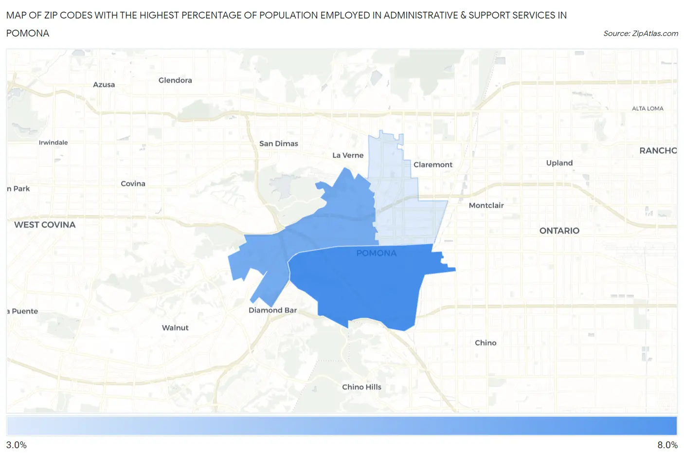 Zip Codes with the Highest Percentage of Population Employed in Administrative & Support Services in Pomona Map