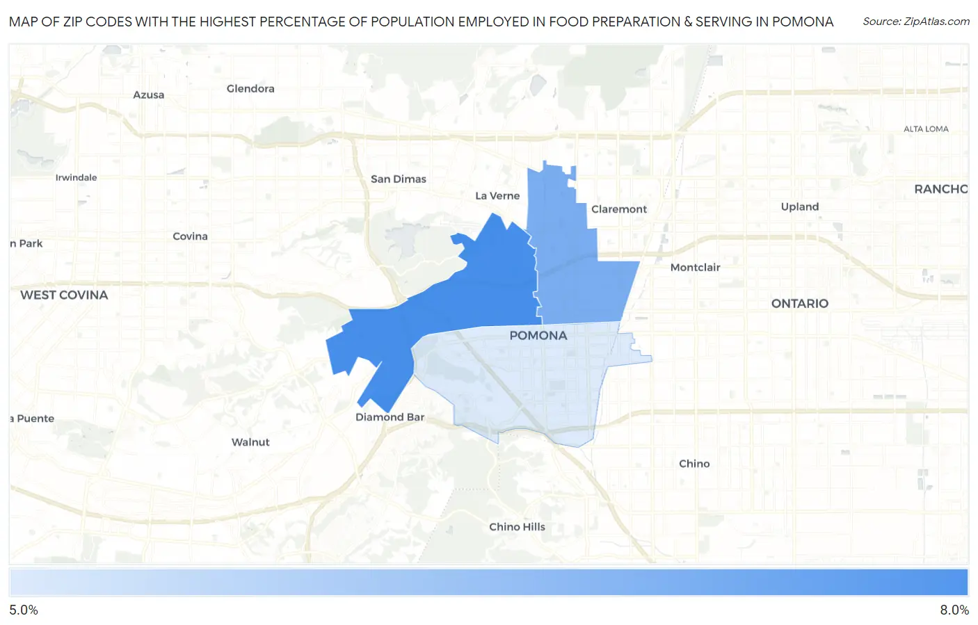 Zip Codes with the Highest Percentage of Population Employed in Food Preparation & Serving in Pomona Map