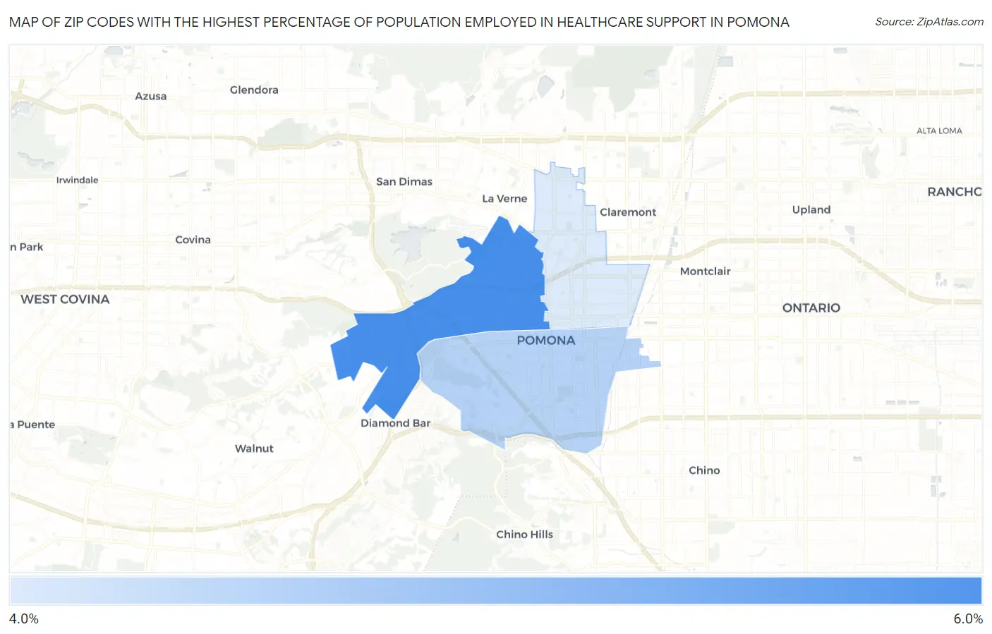Zip Codes with the Highest Percentage of Population Employed in Healthcare Support in Pomona Map