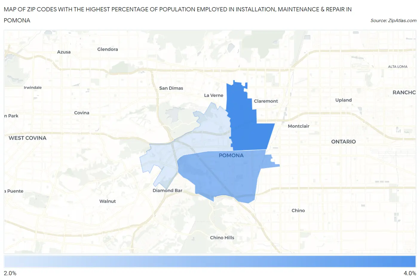 Zip Codes with the Highest Percentage of Population Employed in Installation, Maintenance & Repair in Pomona Map