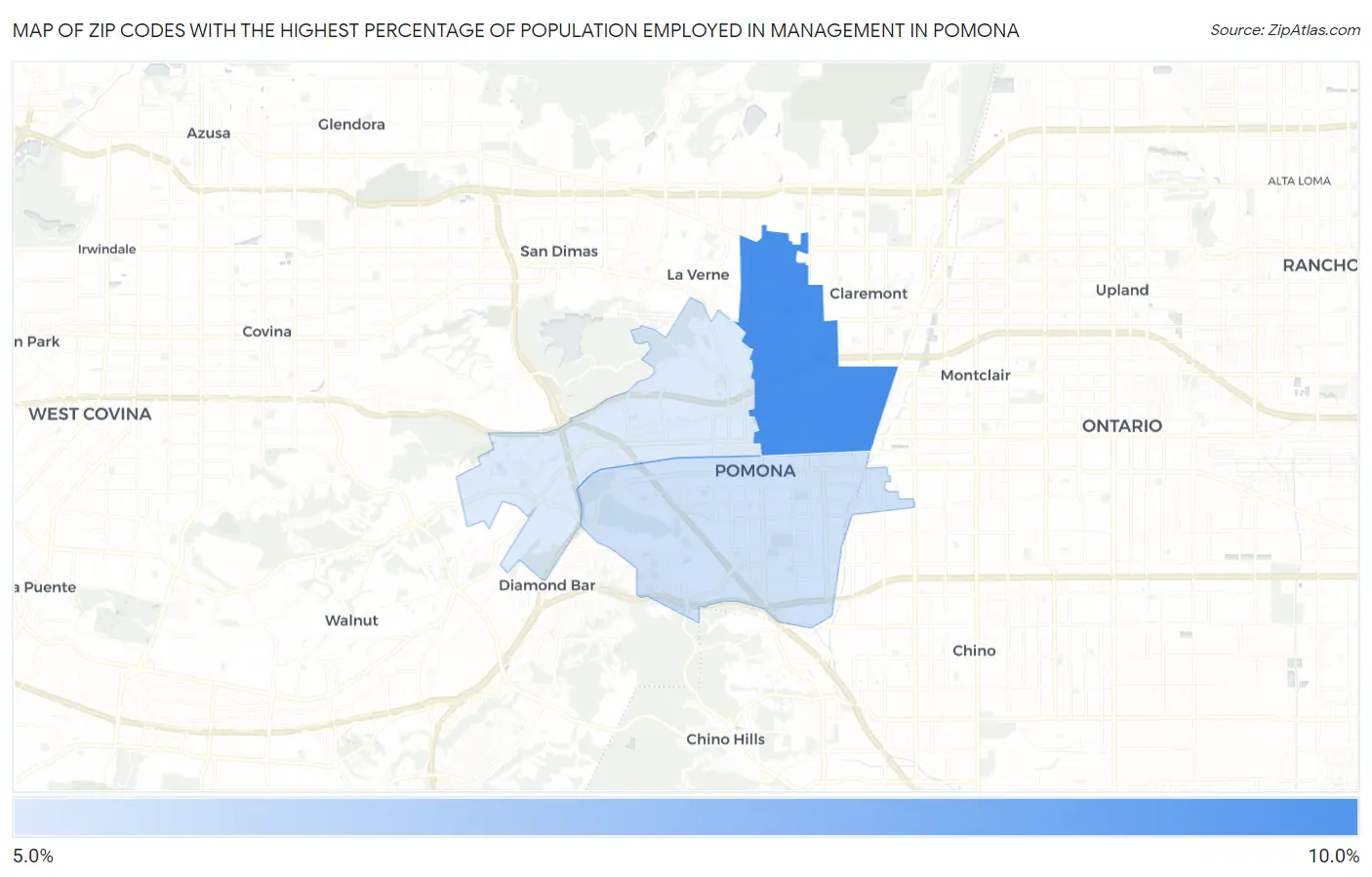 Zip Codes with the Highest Percentage of Population Employed in Management in Pomona Map