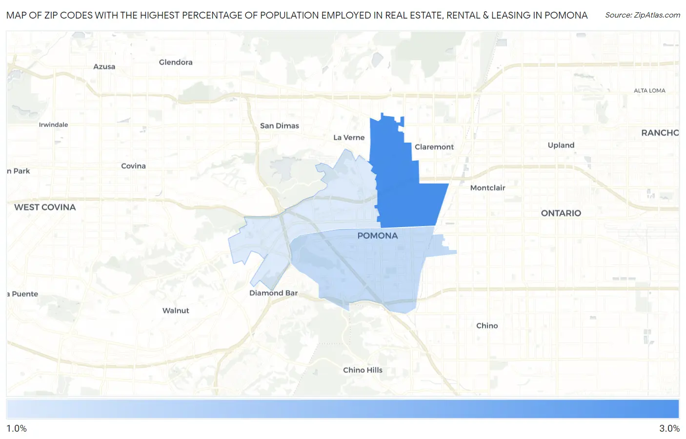 Zip Codes with the Highest Percentage of Population Employed in Real Estate, Rental & Leasing in Pomona Map