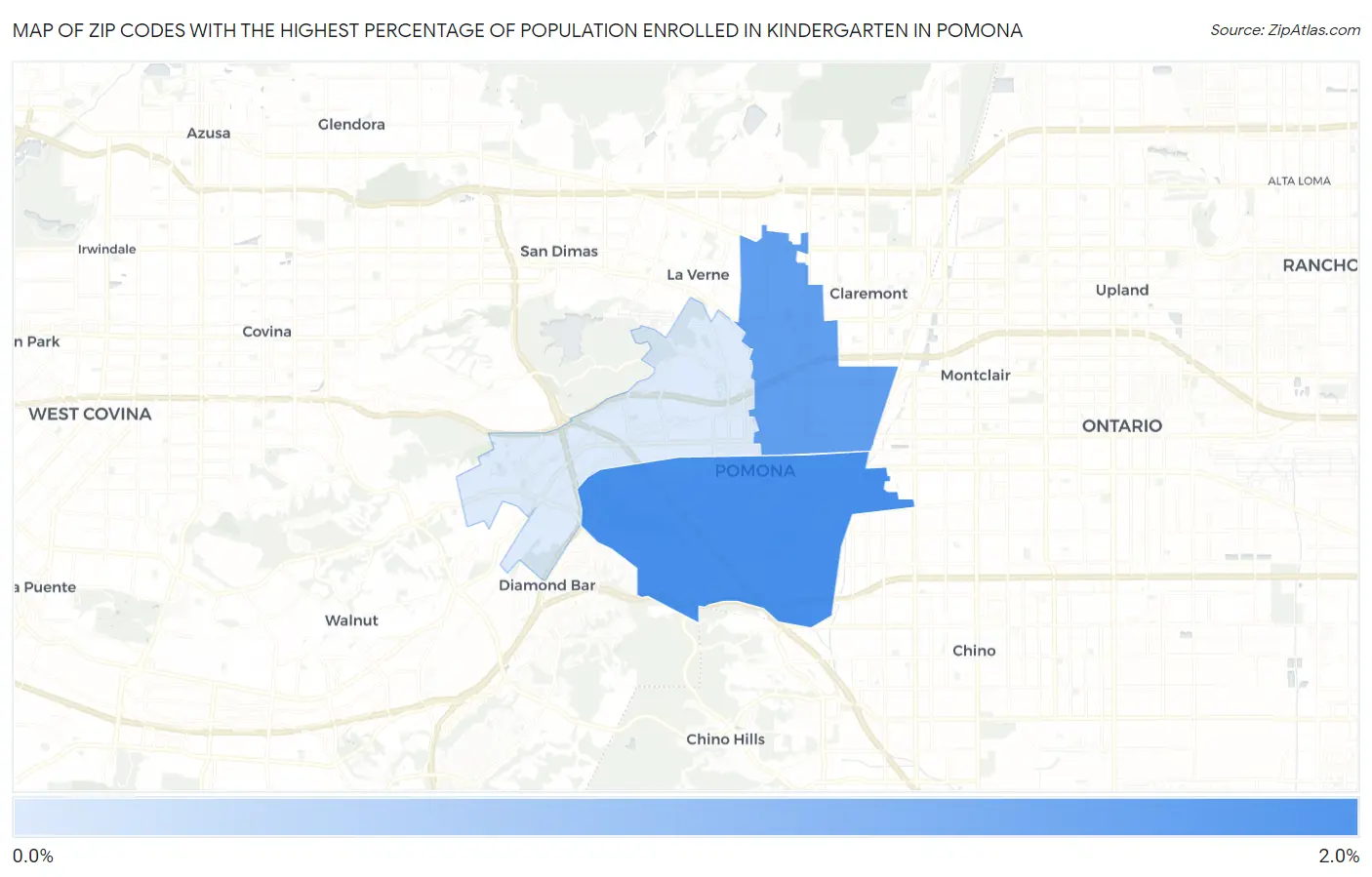 Zip Codes with the Highest Percentage of Population Enrolled in Kindergarten in Pomona Map