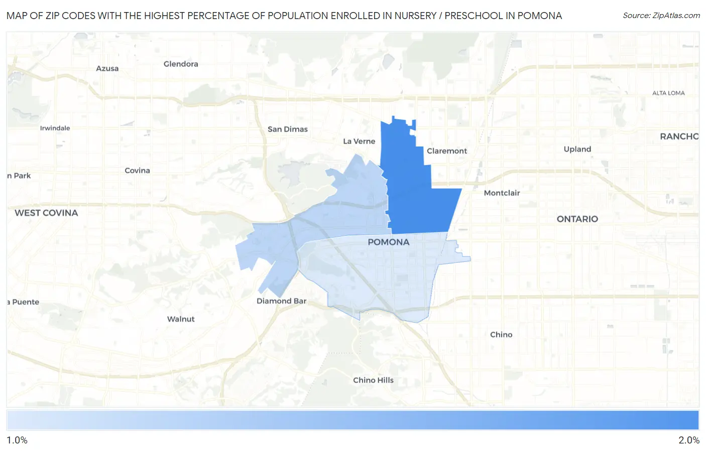 Zip Codes with the Highest Percentage of Population Enrolled in Nursery / Preschool in Pomona Map