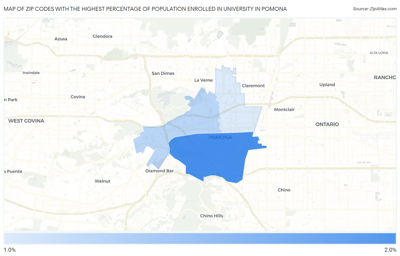 Zip Codes with the Highest Percentage of Population Enrolled in University in Pomona Map