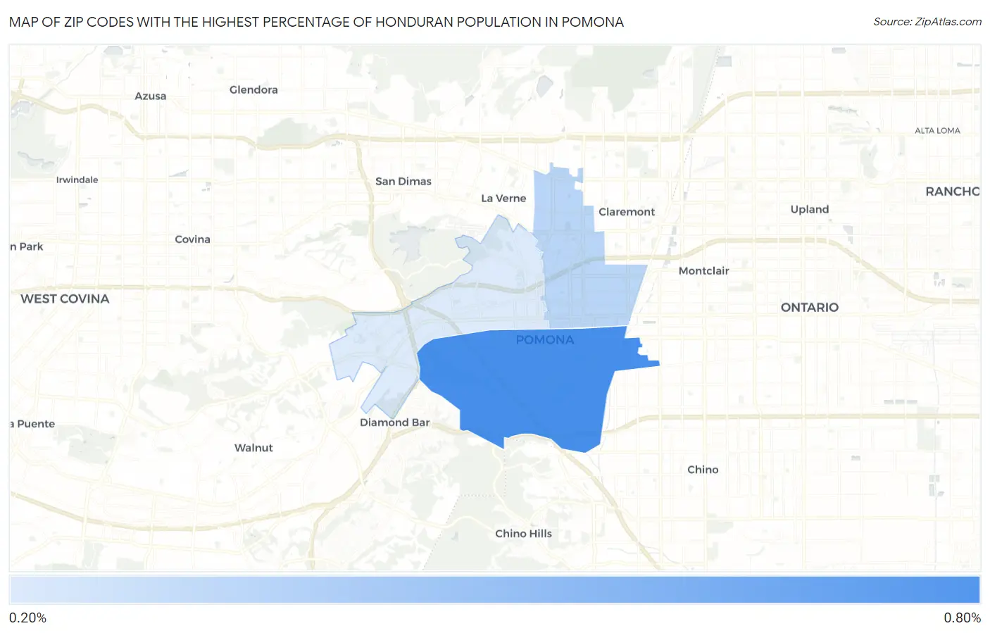 Zip Codes with the Highest Percentage of Honduran Population in Pomona Map