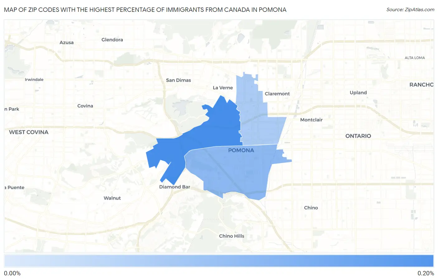 Zip Codes with the Highest Percentage of Immigrants from Canada in Pomona Map