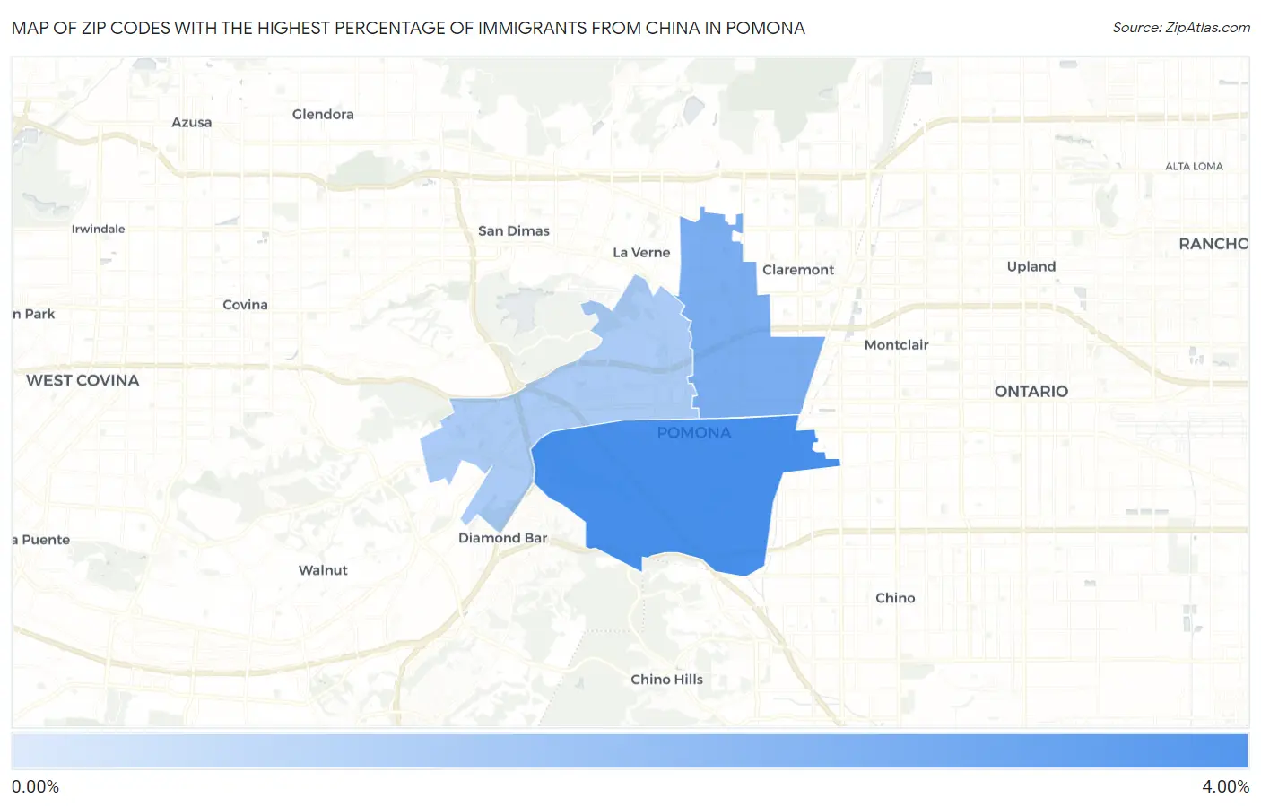 Zip Codes with the Highest Percentage of Immigrants from China in Pomona Map