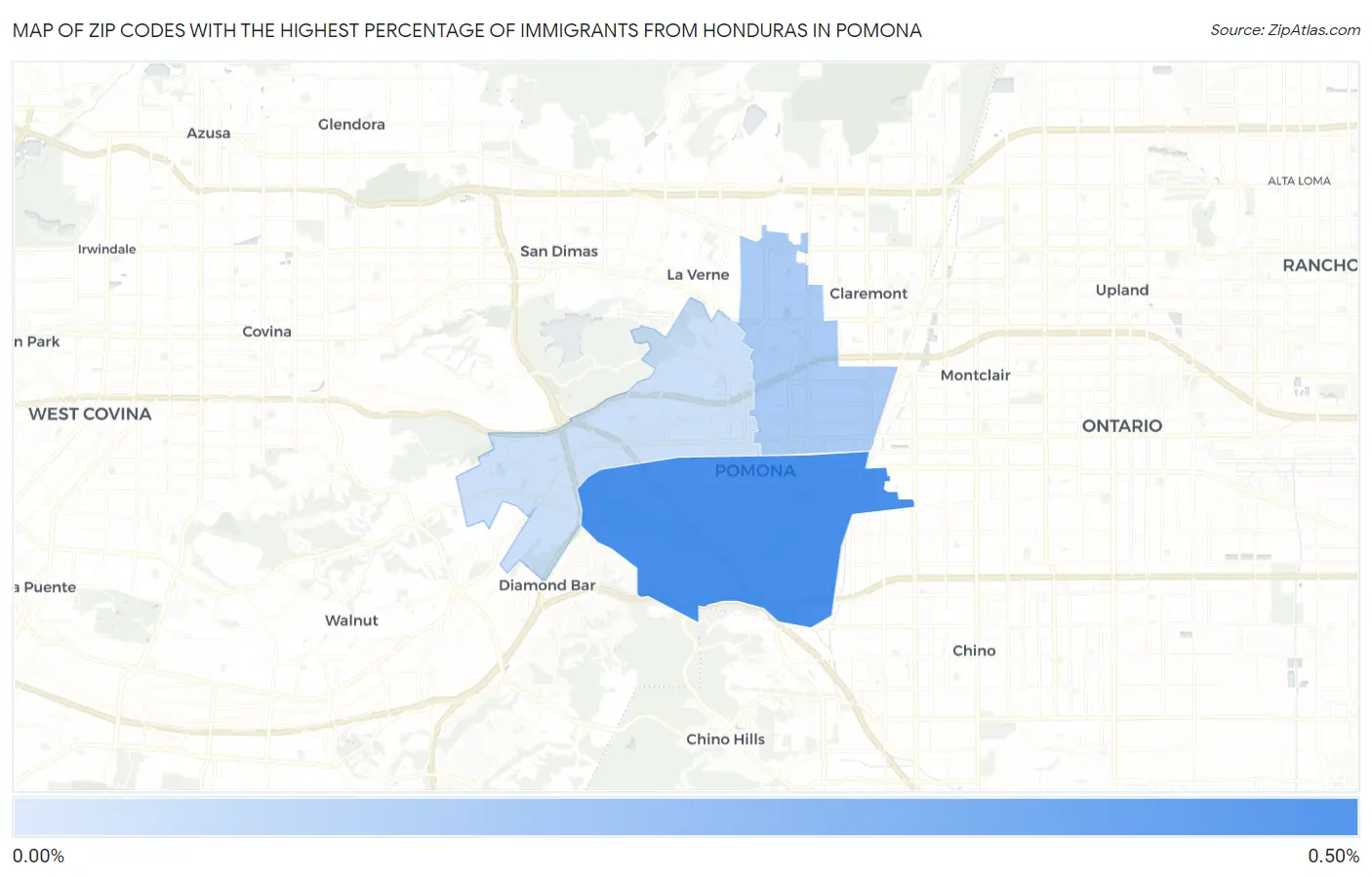 Zip Codes with the Highest Percentage of Immigrants from Honduras in Pomona Map