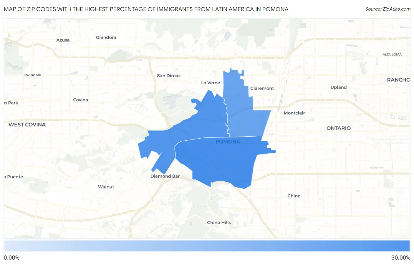 Zip Codes with the Highest Percentage of Immigrants from Latin America in Pomona Map