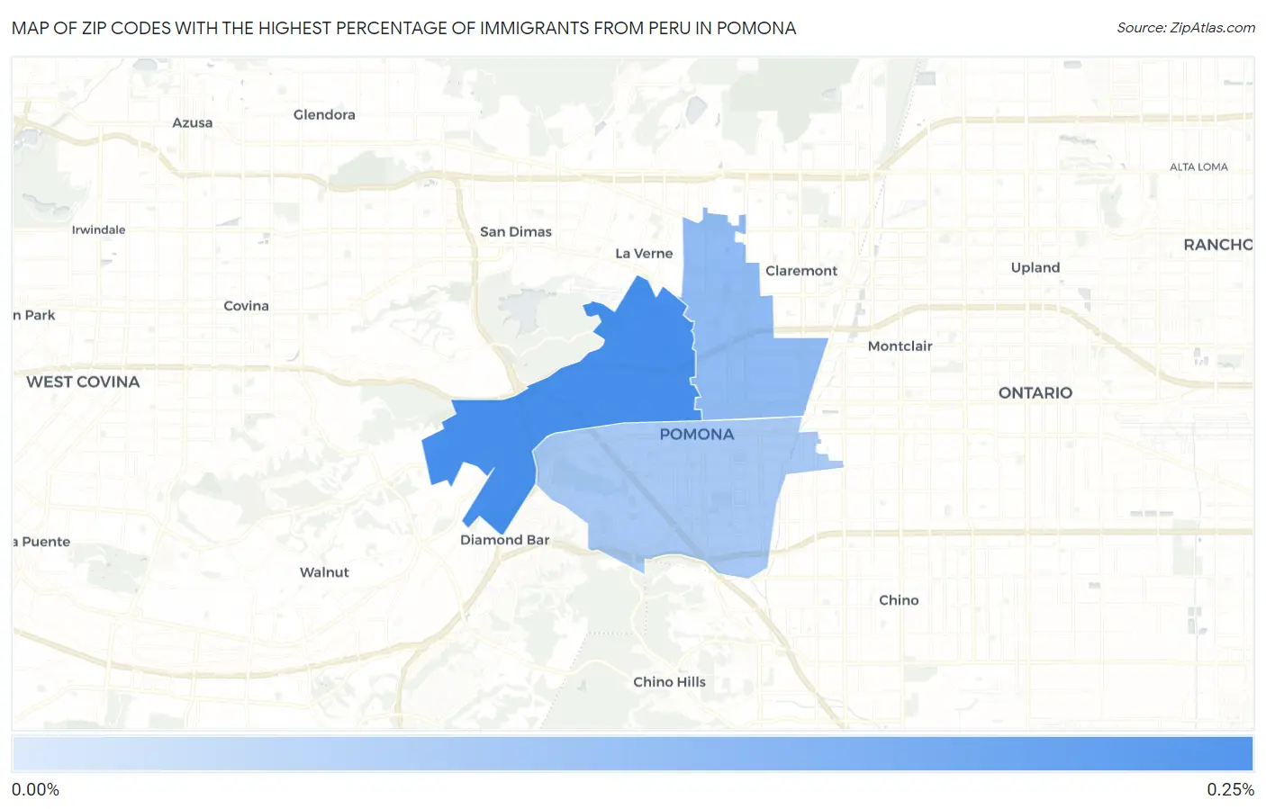 Zip Codes with the Highest Percentage of Immigrants from Peru in Pomona Map