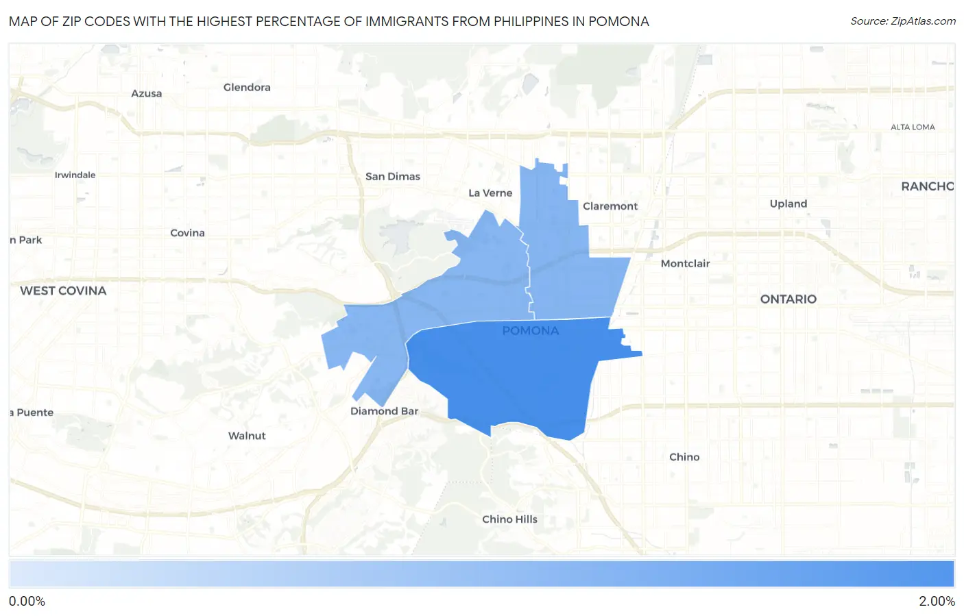 Zip Codes with the Highest Percentage of Immigrants from Philippines in Pomona Map