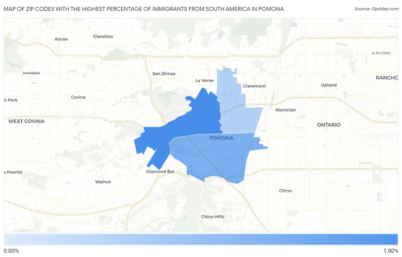 Zip Codes with the Highest Percentage of Immigrants from South America in Pomona Map