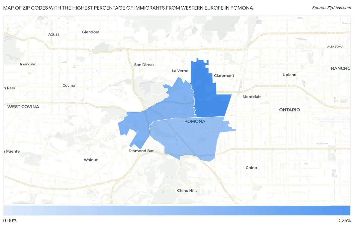 Zip Codes with the Highest Percentage of Immigrants from Western Europe in Pomona Map
