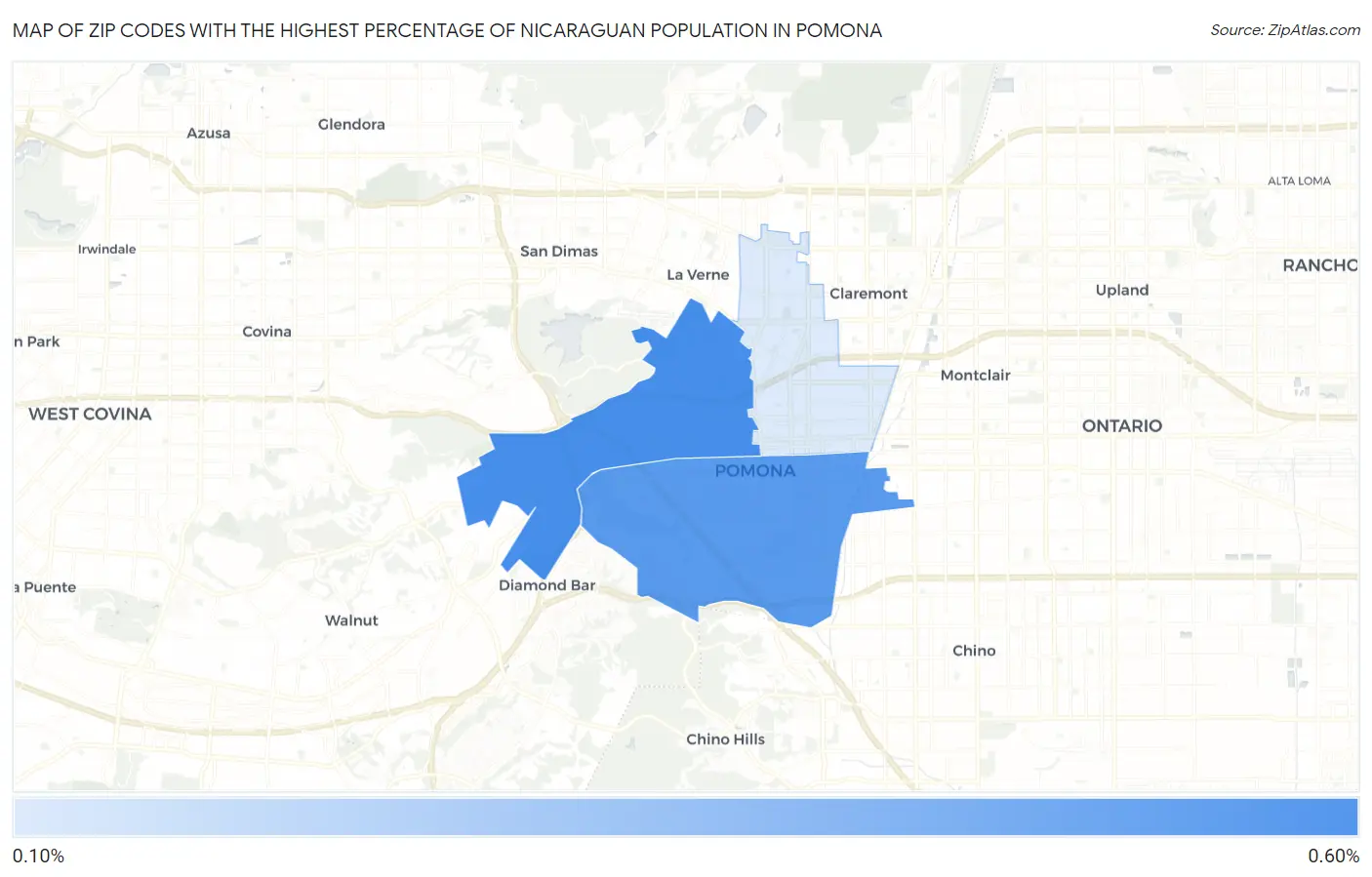 Zip Codes with the Highest Percentage of Nicaraguan Population in Pomona Map