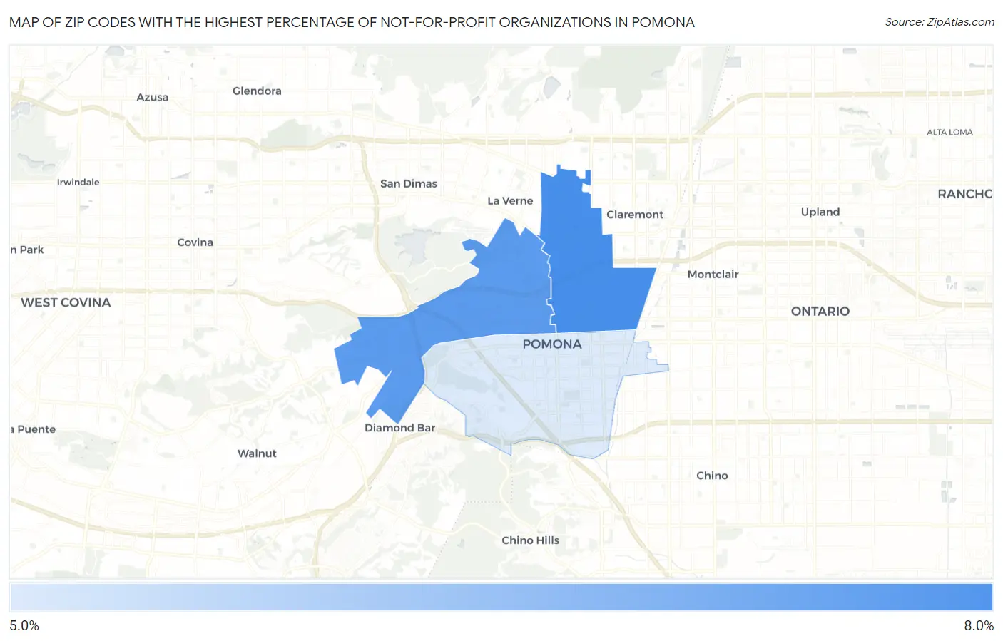 Zip Codes with the Highest Percentage of Not-for-profit Organizations in Pomona Map