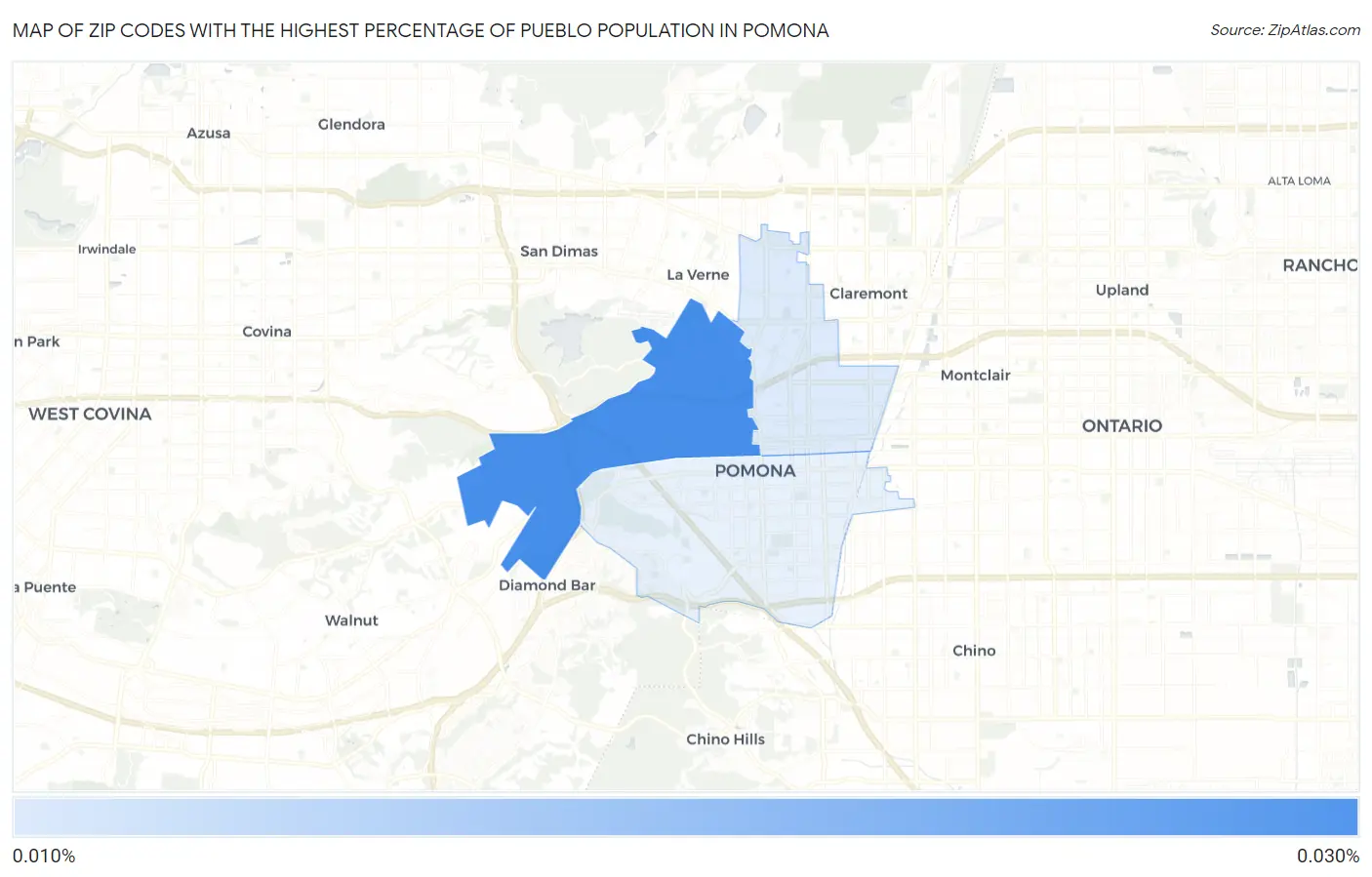 Zip Codes with the Highest Percentage of Pueblo Population in Pomona Map