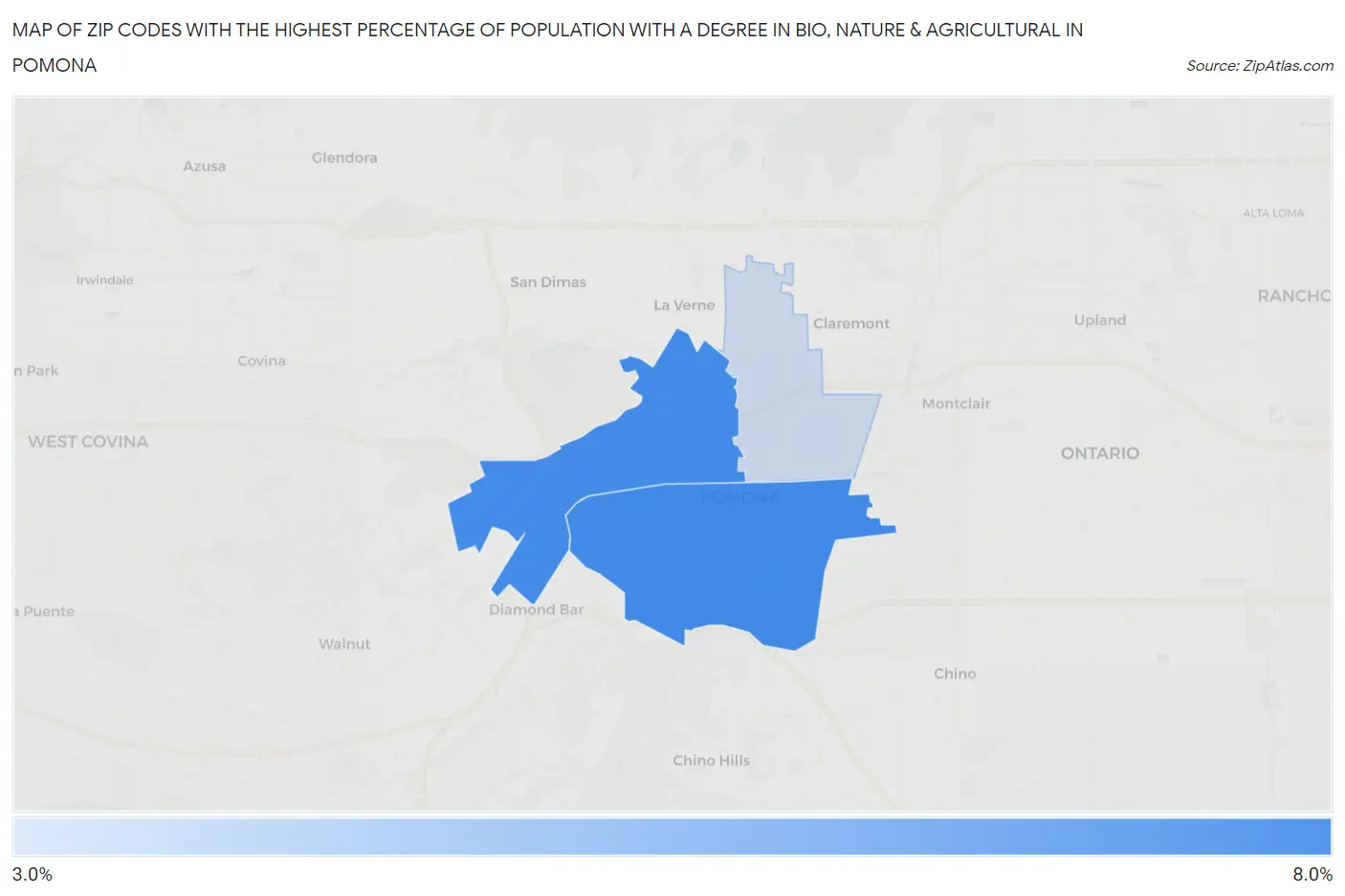 Zip Codes with the Highest Percentage of Population with a Degree in Bio, Nature & Agricultural in Pomona Map