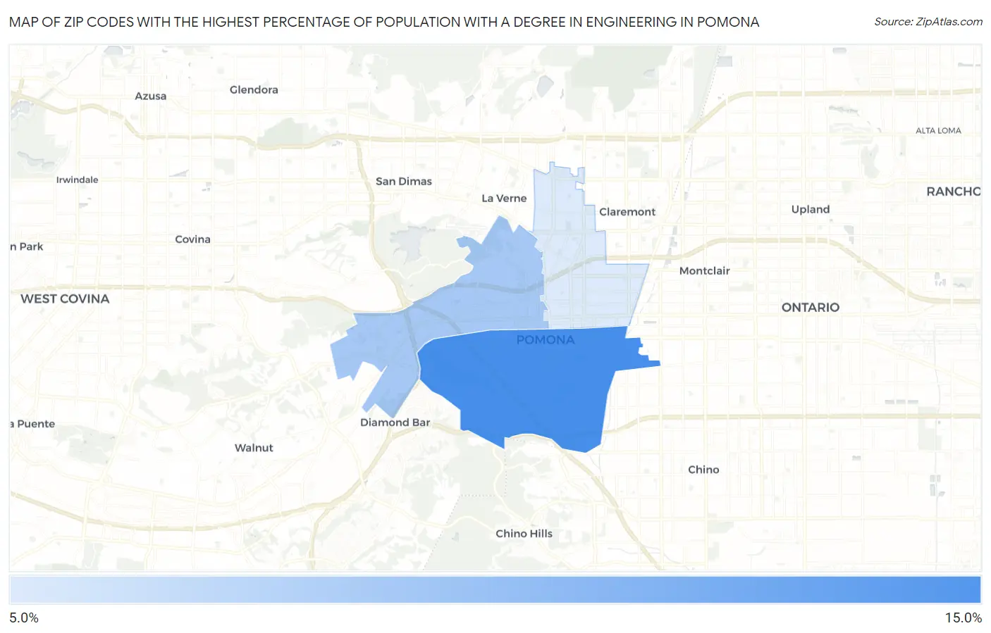 Zip Codes with the Highest Percentage of Population with a Degree in Engineering in Pomona Map