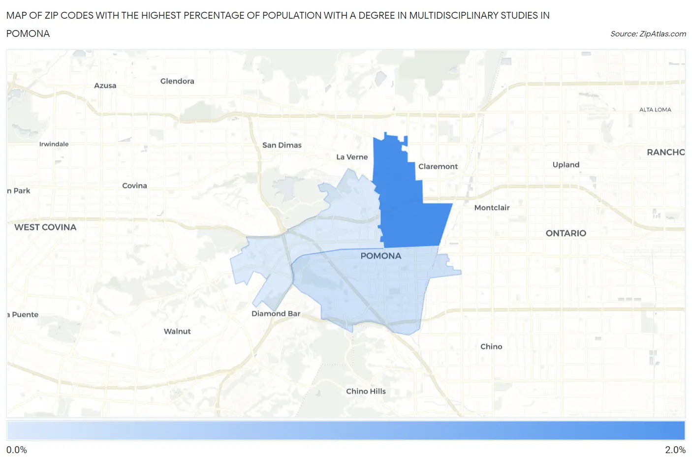 Zip Codes with the Highest Percentage of Population with a Degree in Multidisciplinary Studies in Pomona Map