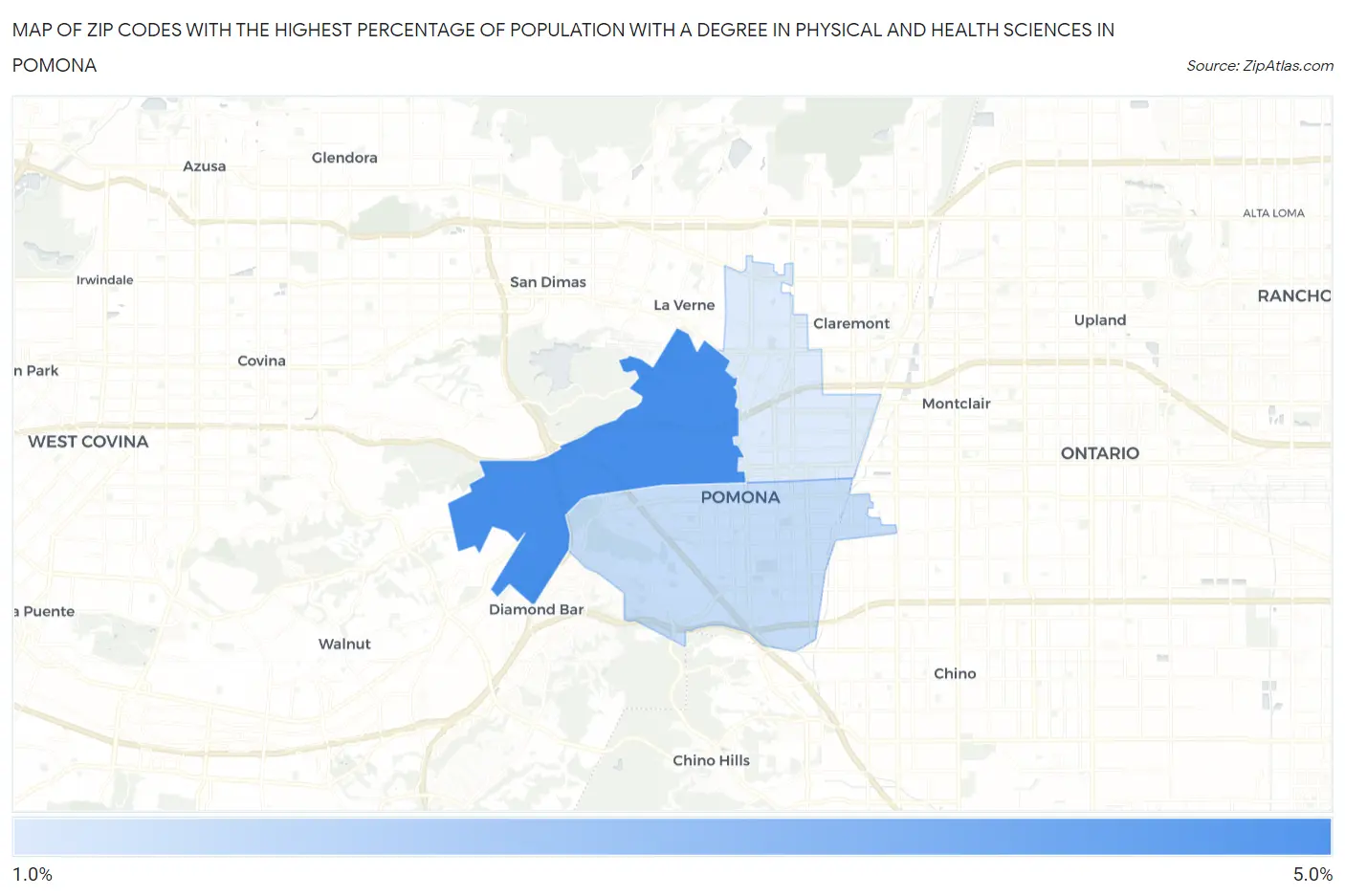 Zip Codes with the Highest Percentage of Population with a Degree in Physical and Health Sciences in Pomona Map