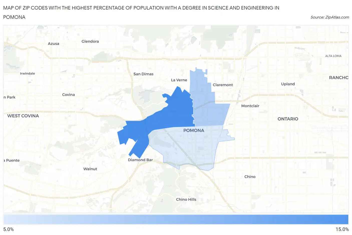 Zip Codes with the Highest Percentage of Population with a Degree in Science and Engineering in Pomona Map