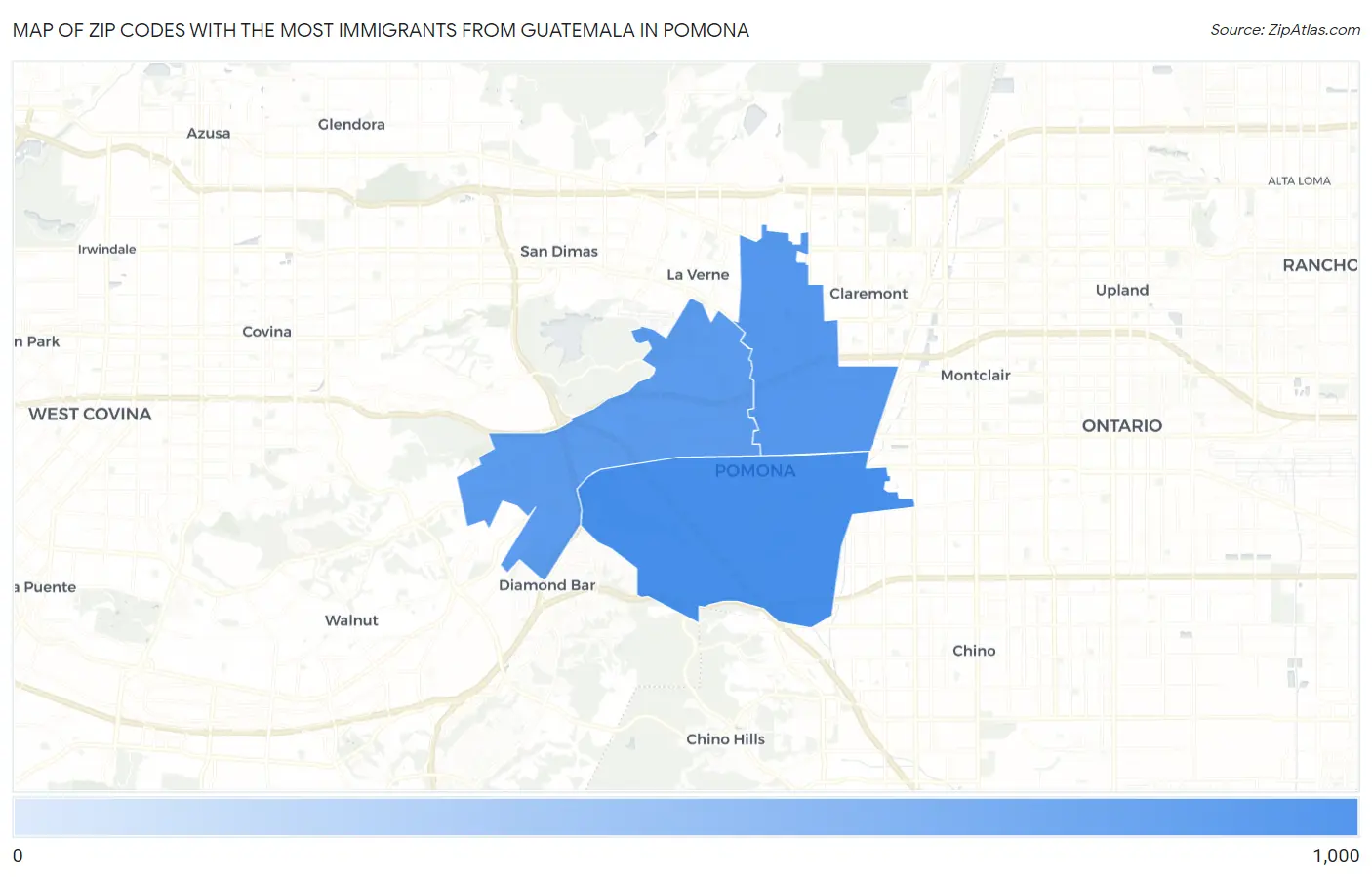 Zip Codes with the Most Immigrants from Guatemala in Pomona Map